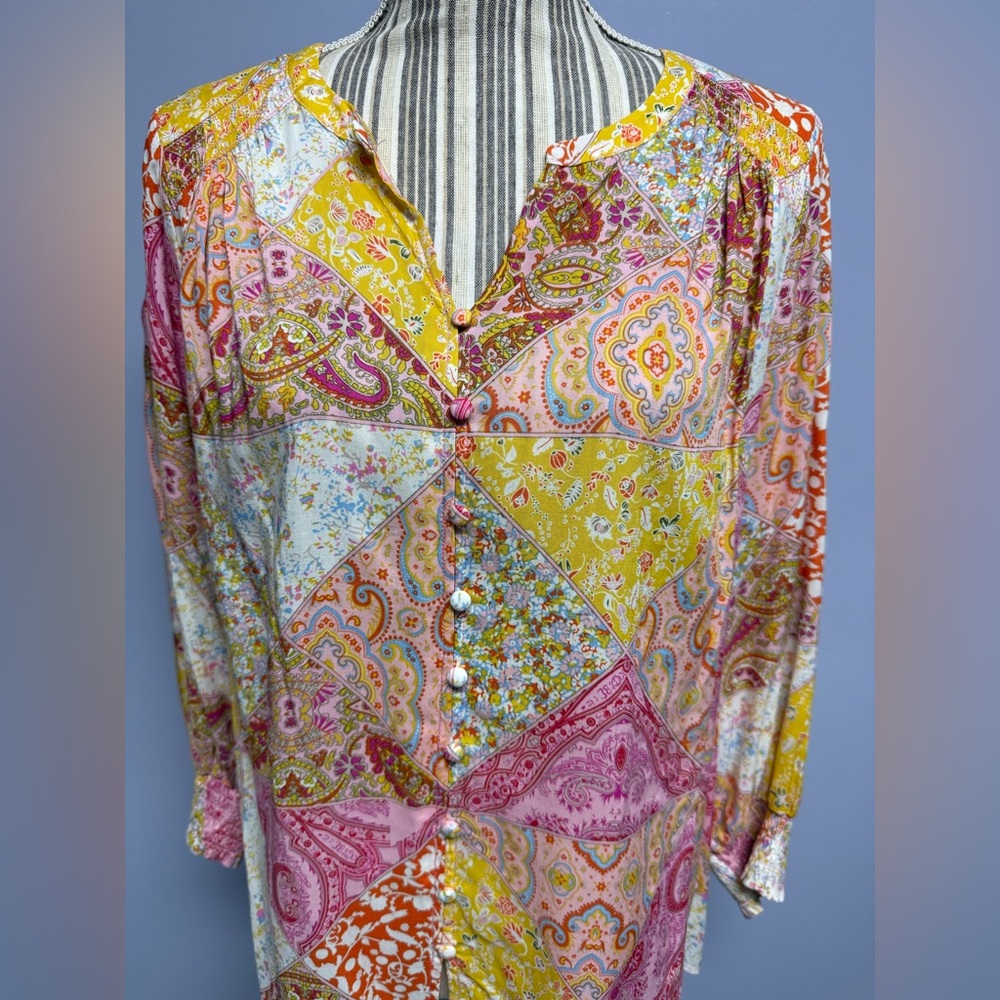 Rose + Olive Colorful Patchwork Paisley button up… - image 2